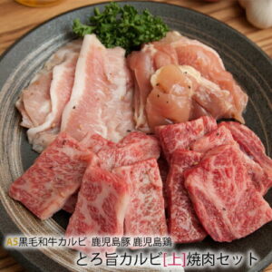 0【 A5ランク 黒毛和牛 】とろ旨 カルビ + 国産 鳥肉 豚肉 『上』 焼肉セット [4〜5人前:1kg]《 送料無料 》　（味付け）化粧箱　【 国産 和牛 】 バーベキュー セット 御年賀 御中元 御歳暮 祝 景品 ギフト 贈答 焼肉 激安 セール 訳あり ではございません
