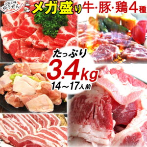 楽天1位 メガ盛り バーベキュー 焼肉セット 14〜16人前 精肉 楽天 1位 10人前以上 大人数用 牛カルビ・訳あり・豚肩ロース・豚バラ・鶏もも 4種 メガ盛り 3.4kg 送料無料 BBQ食材セット 肉 セット 明和食品